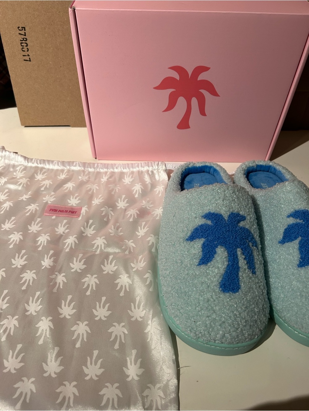 Pink Palm Puff Malibu Slippers in Seabreeze